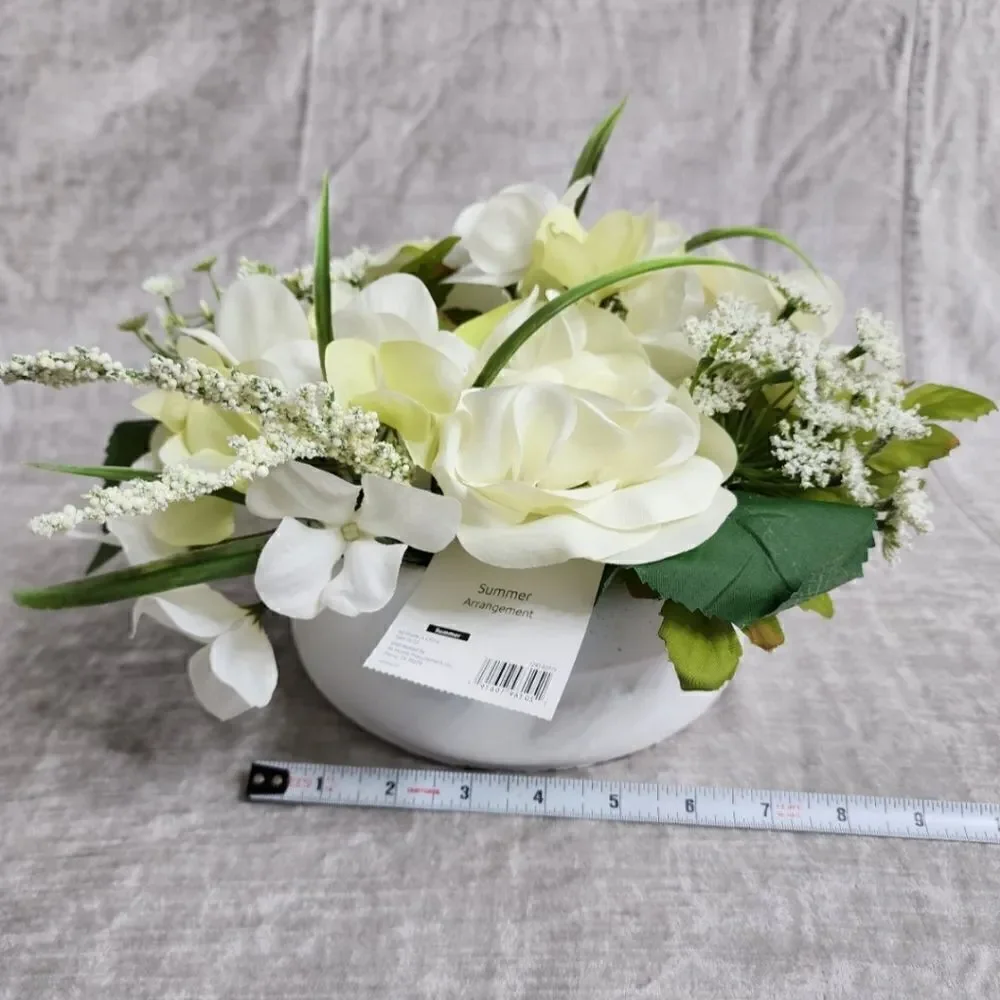 New Silk Ivory Rose and Hydrangeas Arrangement in Ivory Round Vase